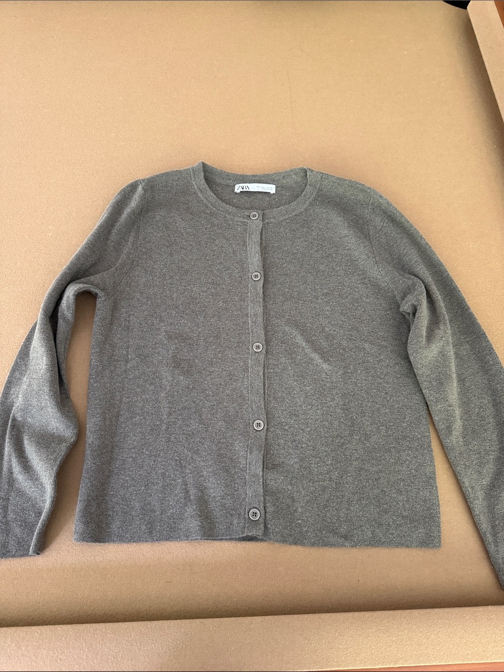 Zara Gray Crewneck Button-Up Cardigan